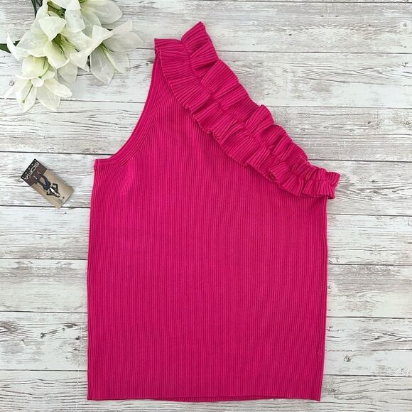 Sofia Vergara One Shoulder Ruffled Knit Tank Top Shirt Size L - Picture 4 of 8